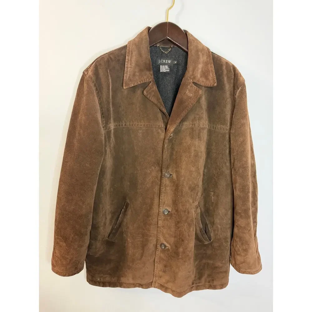 J CREW VGT 90's Suede Leather Jacket Lined Coat Button Down Wool Lining Brown XL
